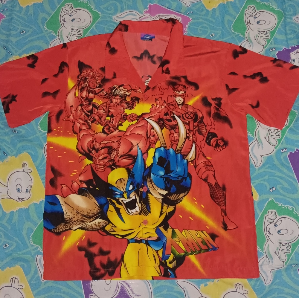 2002 X-Men Marvel Comics All Over Print Button Up Shirt Vintage Wolverine Y2K
